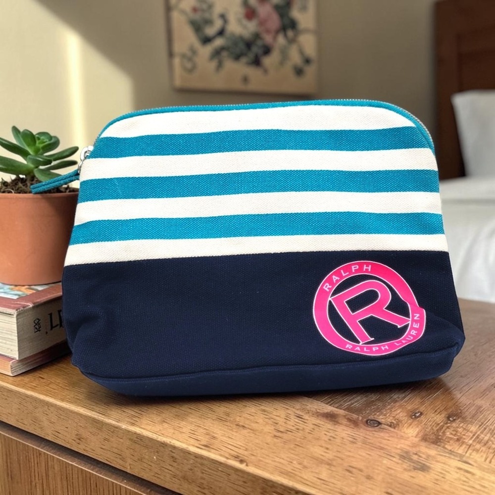 Ralph Lauren Striped Canvas Cosmetic Pouch Navy Turquoise Pink Logo Travel Bag